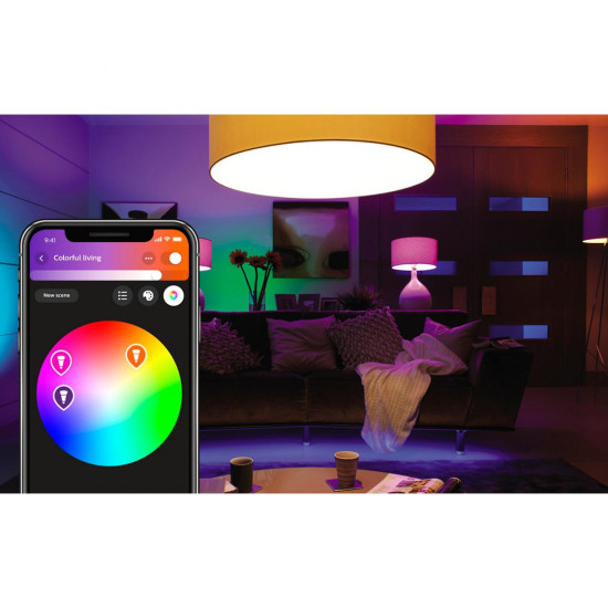 Pachet 2 Becuri LED RGB inteligente Philips Hue A60, E27, 9W (60W), 806 lm, lumina alba si color (2000-6500K) + Consola Hue Bridge + Intrerupator cu variator Pachet 2 Becuri LED RGB inteligente Philips Hue A60, E27, 9W (60W), 806 lm, lumina alba si color (2000-6500K) + Consola Hue Bridge + Intrerupator cu variator