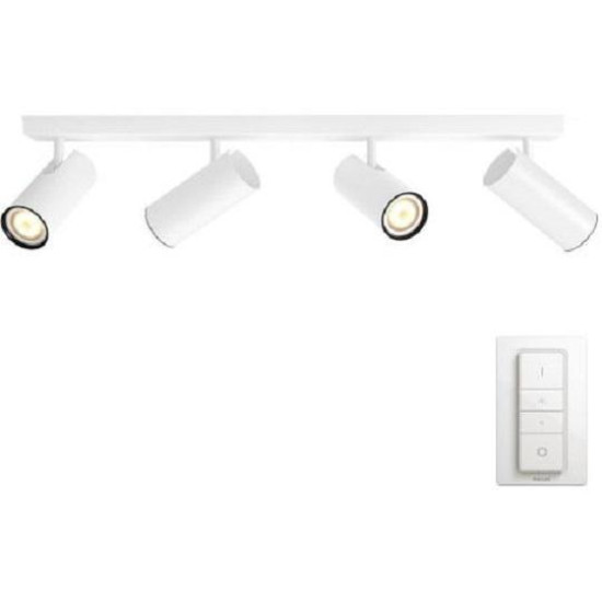 Spot LED Cvadruplu Philips Hue Buratto, Bluetooth, 4xGU10, 4x5W, 1400 lm, lumina alba (2200-6500K), IP20, 62.8x62.8x13.1cm, Metal, Alb, Intrerupator cu variator inclus Spot LED Cvadruplu Philips Hue Buratto, Bluetooth, 4xGU10, 4x5W, 1400 lm, lumina alba (2200-6500K), IP20, 62.8x62.8x13.1cm, Metal, Alb, Intrerupator cu variator inclus