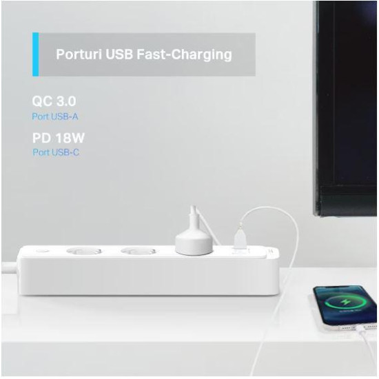 TP-Link  SMART WI-FI SOCKET TAPO P300, Protocol: IEEE 802.11b/g/n, Bluetooth 4.2, 2.4 GHz, Cerințe de sistem, Android 5 sau mai recent, iOS 10 sau mai recent, Dimensiuni: 268*55*40mm, cablu de 1.5m, voltaj maxim: 2300W, 10A, 3 prize, 2 x USB.