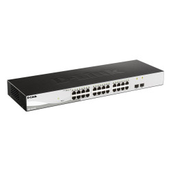 D-link 26-Port Gigabit Smart Switch with 2 SFP ports, DGS-1210-26; 24 x 10/100/1000Mbps Auto-Negotiating Ports; 2 x Combo 1000BaseT/Mini-GBIC SFP ports; Advance power saving features; Fanless design; Half-/Full- Duplex, auto-negotiation, Auto MDI/MDIX; IE