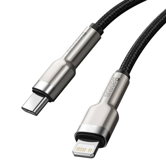 CABLU alimentare si date Baseus Cafule Metal, Fast Charging Data Cable pt. smartphone, USB Type-C la Lightning Iphone PD 20W, brodat, 1m, negru