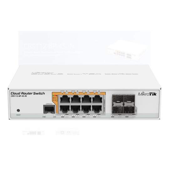 MikroTik Cloud Router Switch 112-8P-4S-IN with QCA8511 400Mhz CPU, 128MBRAM, 8xGigabit LAN with PoE-out, 4xSFP, RouterOS L5, desktop case, PSU