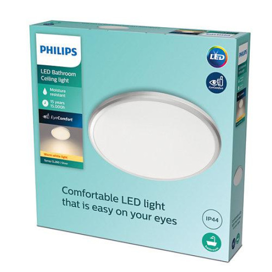 Plafoniera LED Philips Spray CL260, 12W, 1200 lm, lumina calda (2700K), IP44, 28.7cm, Metal/Plastic, Argintiu