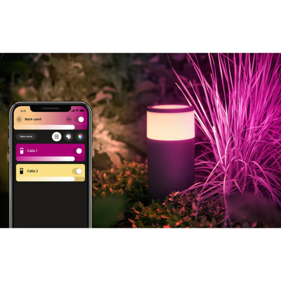 Stalp LED RGB pentru iluminat exterior Philips Hue Calla, 8W (49W), 600 lm, lumina alba si color (2000-6500K), IP65, 252x104mm, Negru