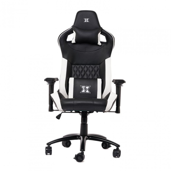 Scaun gaming X by Serioux, Theon, ajustabil, piele sintetica, piston pe gaz, manere reglabile, baza stea cu 5 picioare, greutate maxima admisa 150Kg, perne detasabile, negru/alb