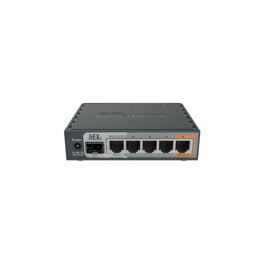 Mikrotik 5-Port Gigabt Ethernet Router, RB760iGS, 5* 10/100/1000Ethernetports, CPU nominal frequency: 880 MHz, 2* CPU core count, 4*CPU Threadscount, Size of RAM: 256 MB, Max Power cons 11W, 1x SFP ports, 1x USBports