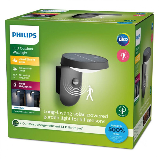 Aplica LED solara pentru exterior cu senzor de lumina si miscare Philips Tyla, 1.2W, 4V, 255 lm, lumina calda (3000K), IP44, 188x158x184mm, Antracit