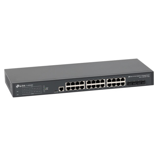 Switch TP-Link TL-SG3428X, Jetstream, managed L2+, 24× 10/100/1000 Mbps RJ45, 4× 10G SFP, 1× RJ45 Console Port, 1× Micro-USB Console Port, Fanless, Rack Mountable, Switching Capacity 128 Gbps, Packet Forwarding Rate 95.23 Mpps.