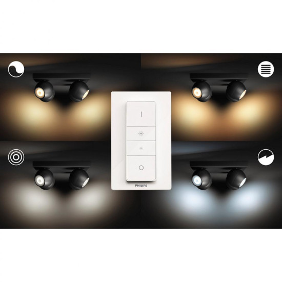 Spot LED Cvadruplu Philips Hue Buckram, Bluetooth, 4xGU10, 4x5W, 1400 lm, lumina alba (2200-6500K), IP20, 24x24x10.3cm, Metal, Negru, Intrerupator cu variator inclus Spot LED Cvadruplu Philips Hue Buckram, Bluetooth, 4xGU10, 4x5W, 1400 lm, lumina alba (2200-6500K), IP20, 24x24x10.3cm, Metal, Negru, Intrerupator cu variator inclus