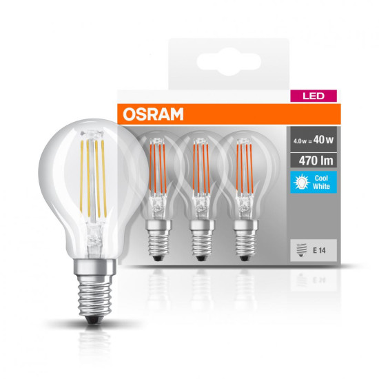 3 Becuri LED Osram Base Classic P, E14, 4W (40W), 470 lm, lumina neutra (4000K), cu filament