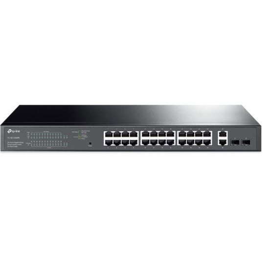 TP-LINK 28-Port Gigabit Easy Smart Switch with 24-Port PoE+, Standarde și Protocoale: IEEE 802.3, IEEE 802.3u, IEEE 802.3ab, IEEE 802.3x, IEEE 802.3af, IEEE 802.3at, IEEE 802.1q, IEEE 802.1p, Interfață: 26 10/100/1000 Mbps RJ45 Ports, 2 Gigabit SFP Ports,
