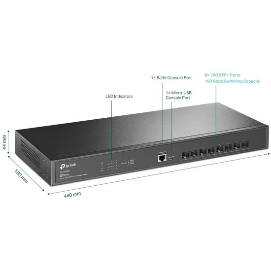 Switch TP-Link TL-SX3008F, JetStream 8-Port 10GE SFP+ L2+ Managed, 8× 10GE SFP+ Slots, 1× RJ45 Console Port, 1× Micro-USB Console Port, Fanless, Rack Mountable, Switching Capacity: 160 Gbps, Packet Forwarding Rate: 119.04 Mpps, Jumbo Frame: 9 KB.