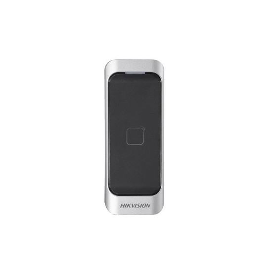 Cititor card Hikvision DS-K1107AM, citeste carduri Mifare 13.56 MHz, distanta citire: ≤ 50 mm, RS-485, Wiegand (W26/W34) protocol si protocol OSDP, Watchdog, indicator de stare si alimentare, buzzer incorporat, tamper, alimentare 12VDC, IP65, dimensiuni 1