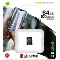 MicroSD Kingston, 64GB, Select Plus, Clasa 10 UHS-I Performance, R: 100 MB/s