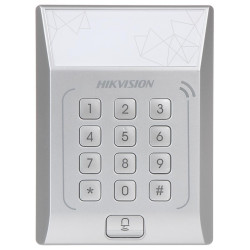 Cititor standalone cu tastatura si card de proximitate Hikvision, DS- K1T801M; suporta cartele MIFARE, Capacitate 3000 cartele, Autentificare: card sau card si parola; Intrari: buton de iesire x1, contact de usa x1; Iesiri: sonerie x1, incuietoare electri