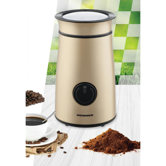 Rasnita electrica HEINNER HCG-150IXGD, putere 150W, capacitate 50G, interior din inox, lame din inox, sistem de siguranta, buton ON/OFF, indicator LED, auriu sidefat Rasnita electrica HEINNER HCG-150IXGD, putere 150W, capacitate 50G, interior din inox, lame din inox, sistem de siguranta, buton ON/OFF, indicator LED, auriu sidefat