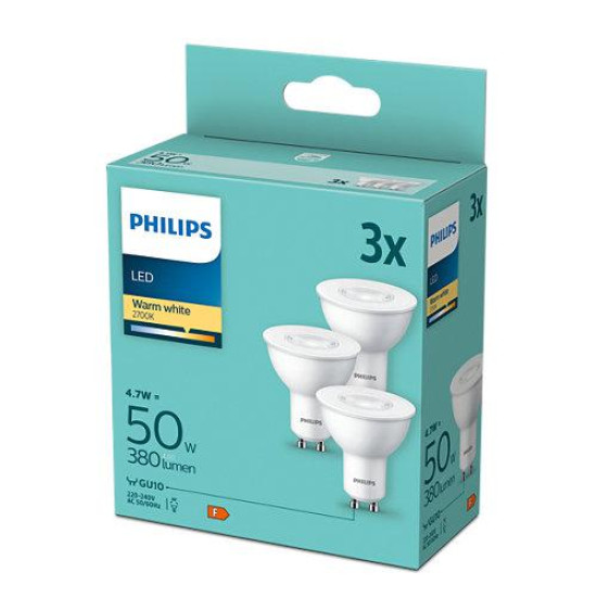 3 Becuri LED Philips Spot, GU10, 4.7W (50W), 380 lm, lumina calda (2700K) 3 Becuri LED Philips Spot, GU10, 4.7W (50W), 380 lm, lumina calda (2700K)
