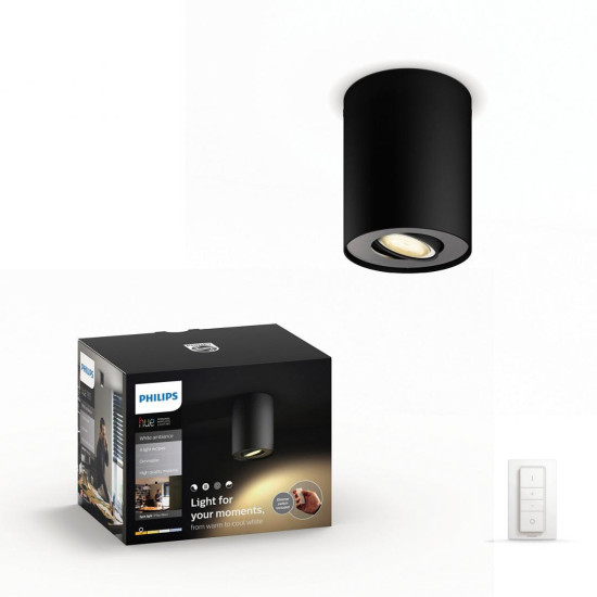 Spot LED Philips Hue Pillar, Bluetooth, GU10, 5W (50W), 350 lm, luminaalba (2200-6500K), IP20, 10.3cm, Metal, Negru, Intrerupator cu variator inclus Spot LED Philips Hue Pillar, Bluetooth, GU10, 5W (50W), 350 lm, luminaalba (2200-6500K), IP20, 10.3cm, Metal, Negru, Intrerupator cu variator inclus