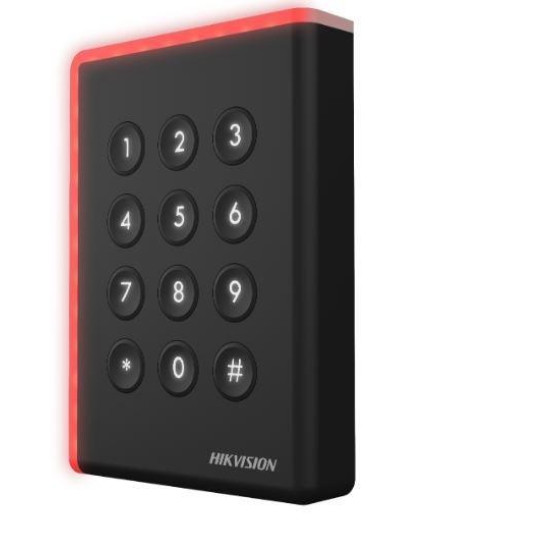 Cititor card cu tastatura Hikvision DS-K1108AMK, citeste carduri Mifare 13.56 MHz, distanta citire: ≤ 50 mm, comunicare: RS-485, Wiegand (W26, W34) si OSDP protocol, indicator LED de stare si alimentare, tamper, buzzer, alimentare 12VDC, IP65, dimensiuni: