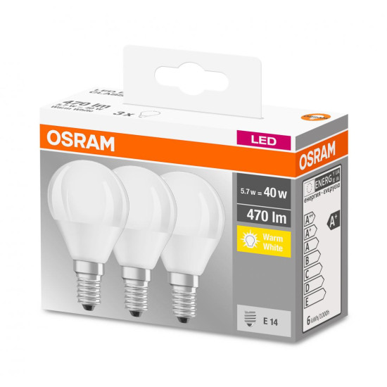 3 Becuri LED Osram Base Classic B, E14, 4.9W (40W), 470 lm, lumina calda (2700K) 3 Becuri LED Osram Base Classic B, E14, 4.9W (40W), 470 lm, lumina calda (2700K)
