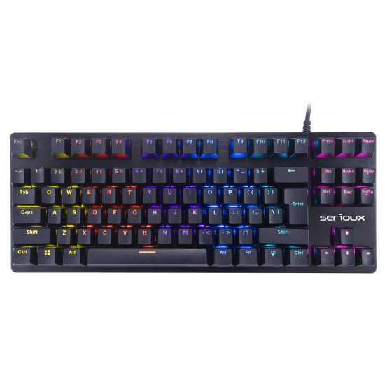 Tastatura gaming mecanica Serioux Freya, switch OUTEMU blue, pana la 50 milioane click-uri, 87 taste, 26 taste Anti-ghosting , 9 moduri de iluminare rainbow, material: ABS, layout US, palm rest de piele detasabil,  forta actionare: 60g ± 10g, plug and pla