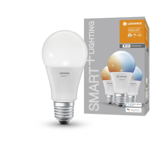 3 Becuri LED inteligent Ledvance SMART+ WiFi Classic Tunable White A, E27, 9W (60W), 806 lm, lumina alba (2700-6500K)