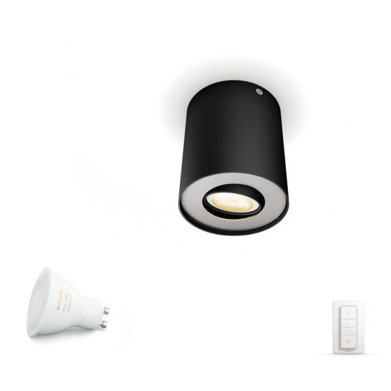 Spot LED Philips Hue Pillar, Bluetooth, GU10, 5W (50W), 350 lm, luminaalba (2200-6500K), IP20, 10.3cm, Metal, Negru, Intrerupator cu variator inclus Spot LED Philips Hue Pillar, Bluetooth, GU10, 5W (50W), 350 lm, luminaalba (2200-6500K), IP20, 10.3cm, Metal, Negru, Intrerupator cu variator inclus