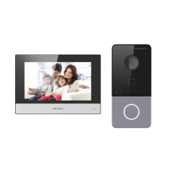 Kit videointercom IP Hikvision DS-KIS603-P(C) Flash 32 MB,memorie RAM 256MB,Indoor station: Supports live view of up to 16 IP cameras,7-inch touch screen, user friendly interface, Plug ＆ Play,Receives video call and unlocks on mobile App anywhere, any tim