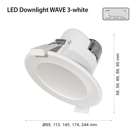 Spot LED incastrat 2R Wave R205, 25W, 2500 lm, lumina reglabila (3000K/4000K/6000K), IP44, 244x85mm, dimensiuni de montaj: Ø195-210mm