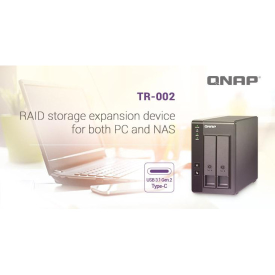 RAID USB QNAP TR-002 2-Bay, 2.5/3.5 SATA 6Gbps HDD (neincluse), 1xUSB3.11 (type-c), tower, PSU adaptor 36W, garantie 2 ani