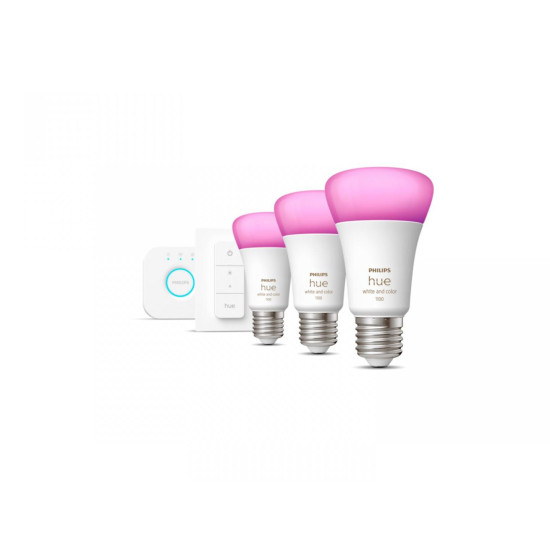 Pachet 3 Becuri LED RGB inteligente Philips Hue A60, Bluetooth, E27, 9W (75W), 1100 lm, lumina alba si color (2000-6500K) + Consola Hue Bridge + Intrerupator cu variator