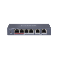 Switch Hikvision DS-3E0106P-E-M, Switching capacity 1.6 Gbps, 4 x 10/100Mbps PoE ports, and and 2 × 10/100Mbps RJ45 ports, MAC address table 4 K, PoE power budget 35 W, Internal cache 768 Kbits, 6 KV surge protection for PoE ports, Up to 300 m long-range 