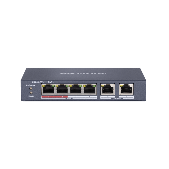 Switch Hikvision DS-3E0106P-E-M, Switching capacity 1.6 Gbps, 4 x 10/100Mbps PoE ports, and and 2 × 10/100Mbps RJ45 ports, MAC address table 4 K, PoE power budget 35 W, Internal cache 768 Kbits, 6 KV surge protection for PoE ports, Up to 300 m long-range 