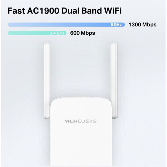 Mercusys AC1900 Wi-Fi Range Extender ME50G; Dual-Band, Standarde Wireless: IEEE 802.11a/n/ac 5 GHz, IEEE 802.11b/g/n 2.4 GHz, Viteza wireless:  600 Mbps at 2.4GHz, 1300 Mbps at 5GHz, Interfata: 1 x Gigabit Ethernet Port, 4 x Andene externe, Consum: 12W, D