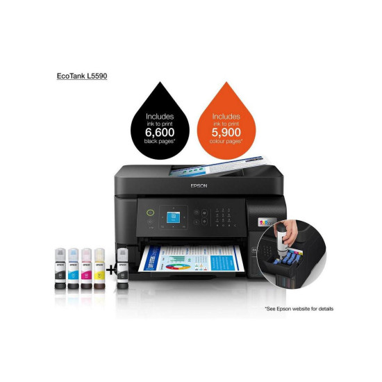 Multifunctional inkjet color CISS Epson L5590, (Print, Copy, Scan, Fax) dimensiune A4, 4 culori, viteza max  15ppm alb-negru, 8ppm color, rezolutie 1200x2400dpi, alimentare hartie 100 coli + 30 coli ADF,  Scanner CIS, 5ipm, Fax: 33.6kbps / Approx. 3 sec/p