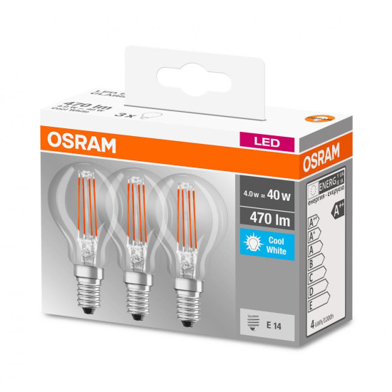 3 Becuri LED Osram Base Classic P, E14, 4W (40W), 470 lm, lumina neutra (4000K), cu filament