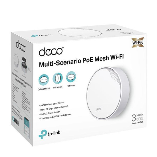 TP-Link AX3000 whole home mesh Wi-Fi 6 System, Deco X50-POE(3-pack); Dual- Band, Standarde Wireless: IEEE 802.11ax/ac/n/a 5 GHz, IEEE 802.11ax/n/b/g 2.4 GHz ,viteza wireless: 5 GHz: 2402 Mbps, 2.4 GHz: 574 Mbps, 2 x antene interne, 2×2 MU-MIMO, Mod Router
