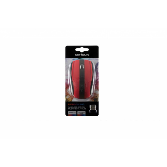 Mouse Serioux, Rainbow 400, fara fir, USB, senzor optic, distanta de operare; 10m, precizie: 1000/1600DPI ajustabila, 4 butoane, 2x baterie AAA, sisteme de operare: Windows / Mac OS / Linux, rosu