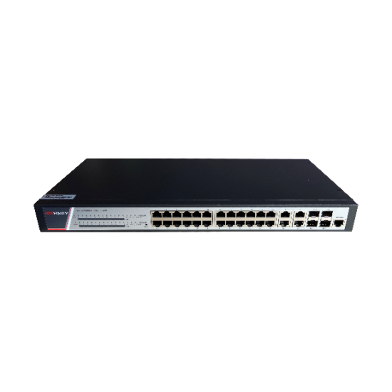 Switch 24 porturi POE Gigabit, Hikvision DS-3E2528P(B)(O-STD), Full Managed, 24  x Gigabit Poe electrical ports si 4 x Gigabit combo ports, SwitchingCapacity 336 Gbps, Packet Forwarding Rate 51 Mpps,putere POE 370 W, maxim 30W per port, Software Function: