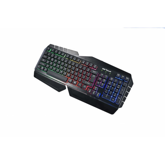 Tastatura gamig Serioux Andor, 104 taste, 19 taste Anti-ghosting , design ergonomic, iluminare rainbow, structura metalica neagra, taste negre, design cu palm rest, cablu USB 1.5M PVC, plug and play, compatibila cu Windows 2000/XP/9X/VISTA/7/8/10 Tastatura gamig Serioux Andor, 104 taste, 19 taste Anti-ghosting , design ergonomic, iluminare rainbow, structura metalica neagra, taste negre, design cu palm rest, cablu USB 1.5M PVC, plug and play, compatibila cu Windows 2000/XP/9X/VISTA/7/8/10
