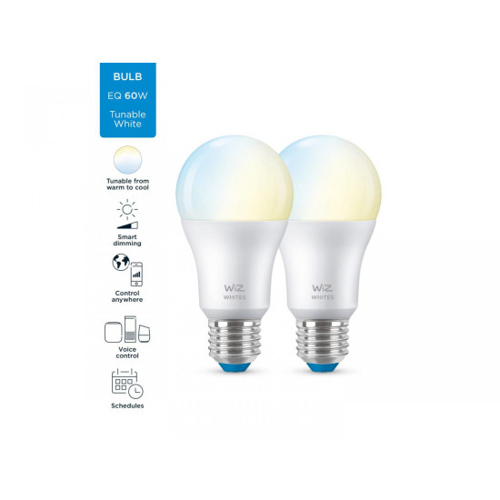 2 Becuri LED inteligente WiZ Connected Whites A60, Wi-Fi, E27, 8W (60W), 806 lm, lumina alba (2700-6500K), compatibil Google Assistant/Alexa/Siri