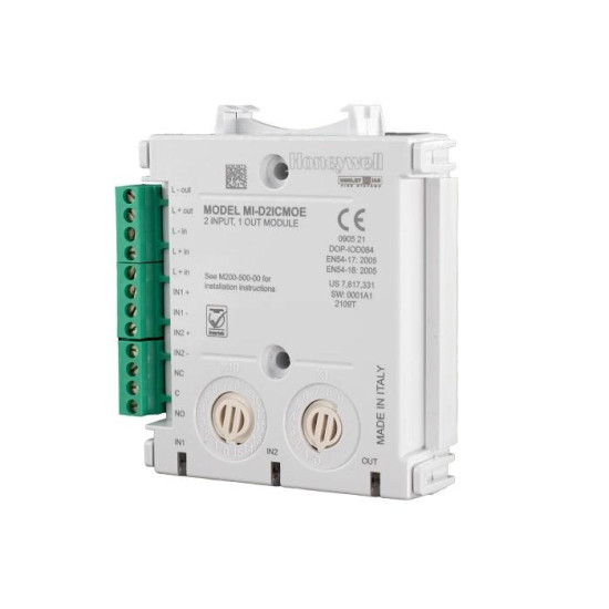 Honeywell Morley-IAS Modul 2 intrări si 1 ieșire MI/D2ICMOE, cu izolator; Curent maxim in standby 140 µA @ 24 VDC (fara comunicari); Tensiune de operare 15-32 VDC; Optiune de montare pe sina DIN;Indicator stare LED tricolor;Standard EN54-17, EN54-18; Clas