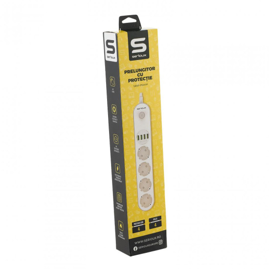 Prelungitor cu protectie Serioux, 4 prize schuko, input 100-240V, 50- 60Hz, output (Total): 2500W - 10A, 4 porturi USB, 4 porturi USB (5V- 3.1A) (Auto Max) 17W, Amperaj port USB (max) 3.4A, functie auto ID, antistatic, buton power/off, lungime cablu 2m, a Prelungitor cu protectie Serioux, 4 prize schuko, input 100-240V, 50- 60Hz, output (Total): 2500W - 10A, 4 porturi USB, 4 porturi USB (5V- 3.1A) (Auto Max) 17W, Amperaj port USB (max) 3.4A, functie auto ID, antistatic, buton power/off, lungime cablu 2m, a