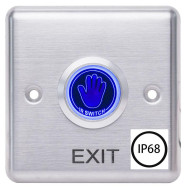 Buton de iesire cu infrarosu waterproof, incastrabil, ND-EB35, Iesire contact:NO/NC; Icon: Hand, IP68,  LED stare Bi-color: albastru- verde; material otel inoxidabil, distanta actionare: pana la 10cm,  dimensiuni: 86x86x20mm