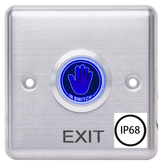 Buton de iesire cu infrarosu waterproof, incastrabil, ND-EB35, Iesire contact:NO/NC; Icon: Hand, IP68,  LED stare Bi-color: albastru- verde; material otel inoxidabil, distanta actionare: pana la 10cm,  dimensiuni: 86x86x20mm