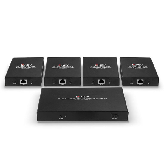 Lindy 70m 4 Port Cat.6 HDMI 4K60 Splitter Extender Description Distribute 4K HDMI signals to up to 4 displays in multiple locations Supports resolutions up to 4K@60Hz, with additional support for HDR Features a loop-through HDMI output on the transmitte Lindy 70m 4 Port Cat.6 HDMI 4K60 Splitter Extender Description Distribute 4K HDMI signals to up to 4 displays in multiple locations Supports resolutions up to 4K@60Hz, with additional support for HDR Features a loop-through HDMI output on the transmitte