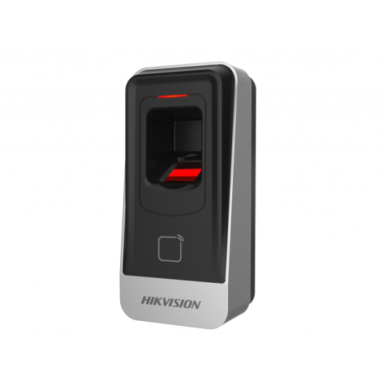 Cititor biometric si card MIFARE Hikvision, DS-K1201AMF; citeste carduri MIFARE, capacitate amprente 5000; suporta RS485; buzzer, dimensiuni 62 mm × 132 mm × 44 mm