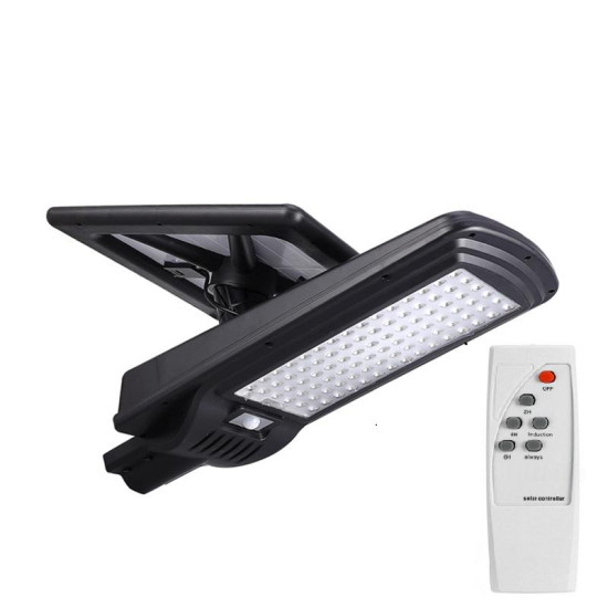 Lampa LED stradala 2R cu senzor de miscare, telecomanda si panou solar, 5V, 20W, 67x37cm, baterie Li-ion 3.2V, 20Ah, 2400 lm, lumina rece (6000K), IP65, Østalp 50mm, 50x23x16cm, Negru