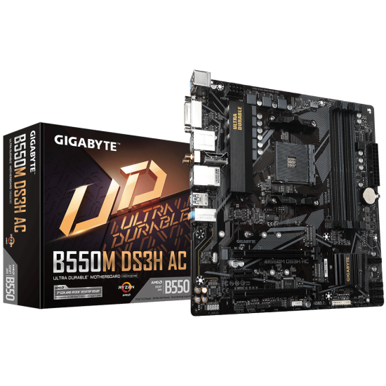 Placa de baza Gigabyte B550M DS3H AC AM4 DDR4, 4x sloturi RAM, max. 128GB, frecventa maxima suportata 4733MHz, 1x DVI-D, 1x HDMI, 2x PCIe x16, 1x PCIe x1, 2x M.2, 4x conectori SATA 6GB/s, 1x LAN 1Gbps, WIFI, Bluetooth 4.2, microATX