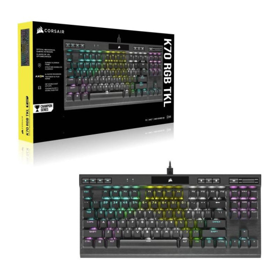 Tastatura Gaming Mecanica Corsair K70 RGB TKL Champion Series, Iluminare RGB iCUE, Switch Optic Corsair OPX Rapidfire, Butoane Doubleshot PBT, Negru Tastatura Gaming Mecanica Corsair K70 RGB TKL Champion Series, Iluminare RGB iCUE, Switch Optic Corsair OPX Rapidfire, Butoane Doubleshot PBT, Negru